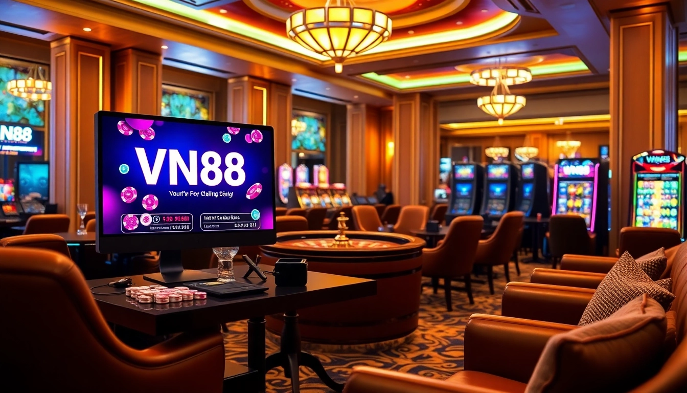 Experience the vibrant excitement of VN88's online casino with colorful slots and poker elements.
