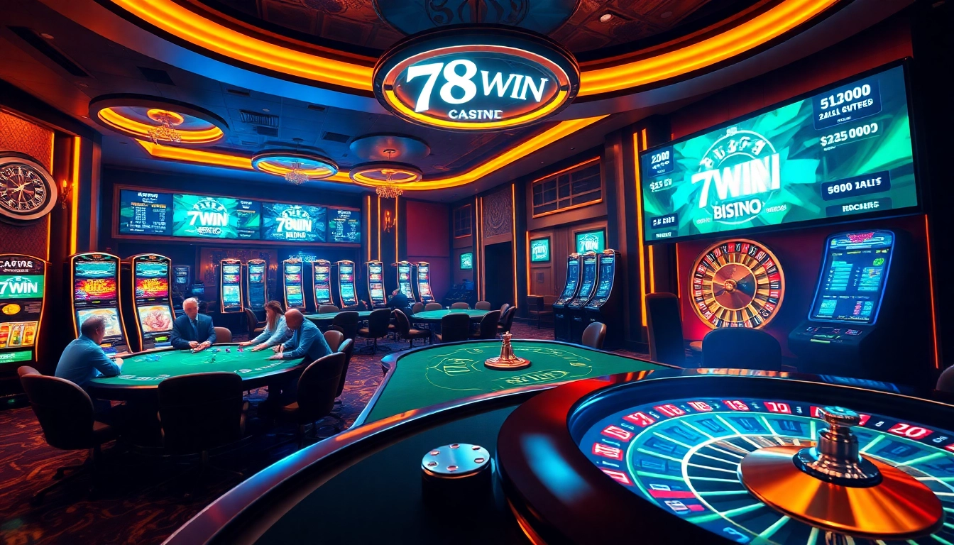 Catch the excitement at 78WIN with dynamic poker gameplay and vivid slot machines lighting up the casino.
