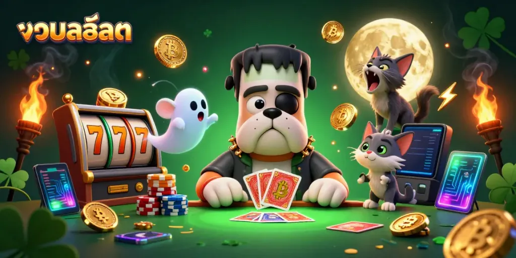 Engaging scene featuring multiple characters in a vibrant casino setting, showcasing รวมสล็อต themes with animated slots and glowing elements.