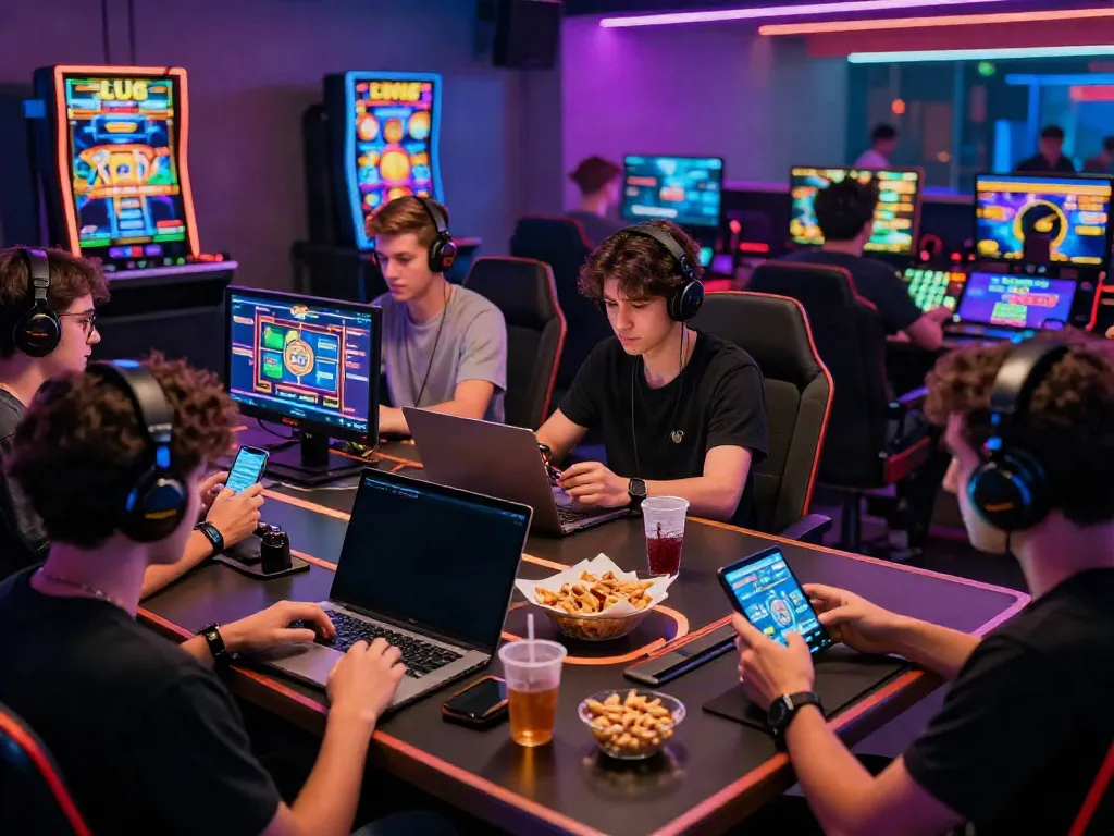 A80 gaming scene with diverse players engaged in slots and live casino games, showcasing a vibrant gaming atmosphere.