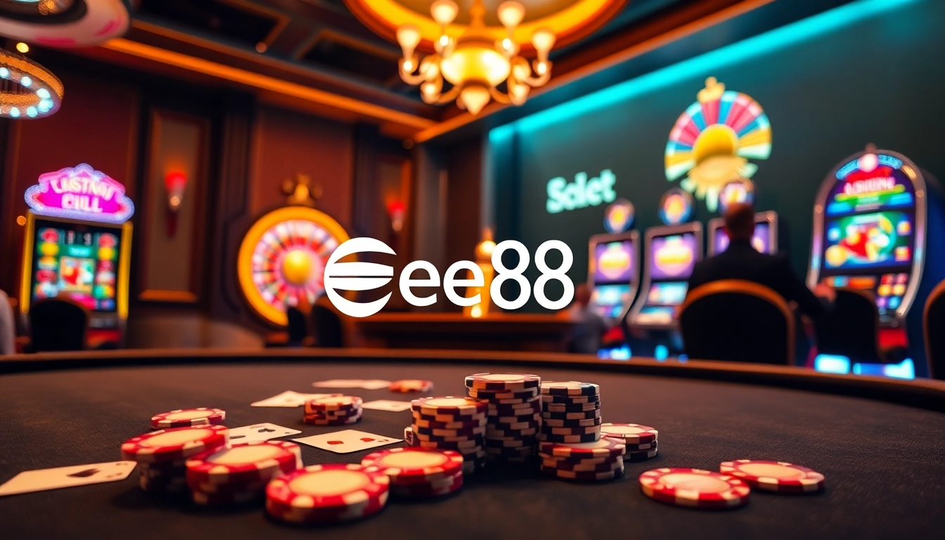 Experience unforgettable gaming moments at Ee88's luxurious casino, featuring vibrant poker and roulette scenes.