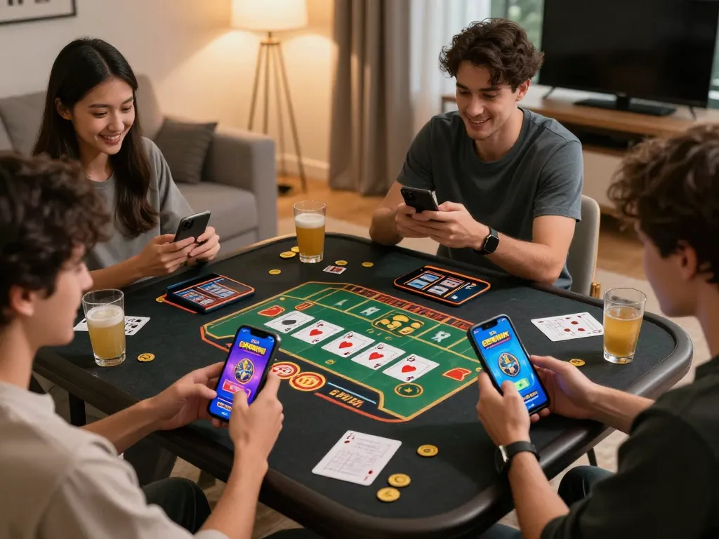 Engaged players using the GEMWIN app for mobile gaming in a cozy home setting