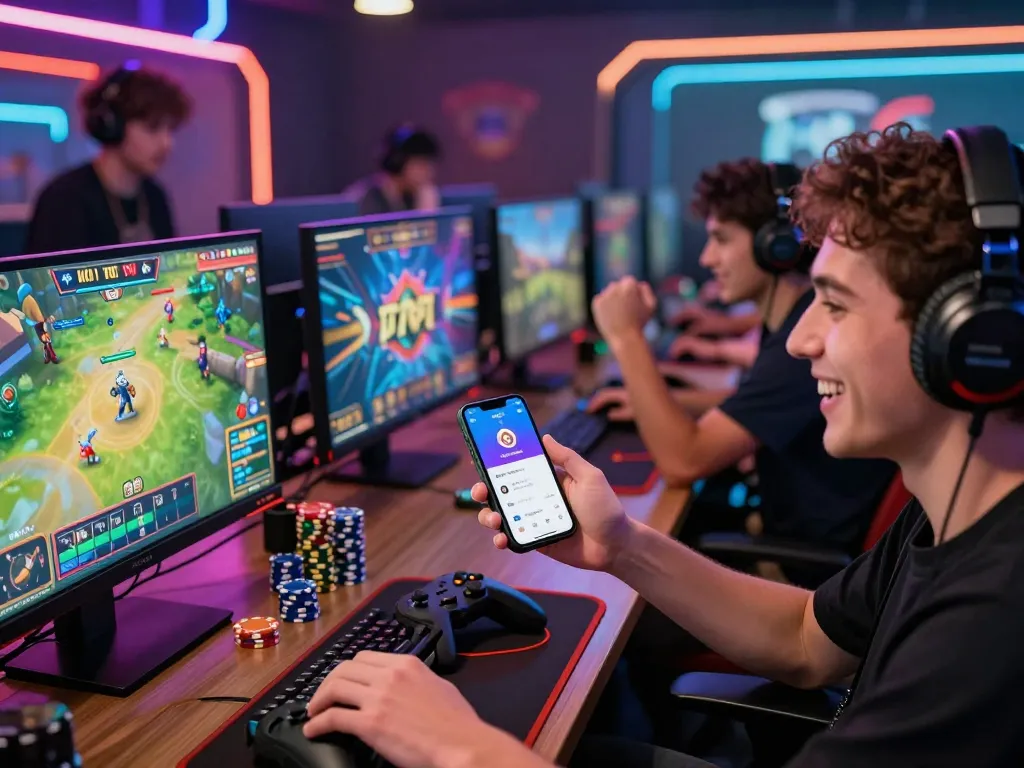 Players enjoying diverse games on 79King platform, celebrating wins in lively virtual environment.