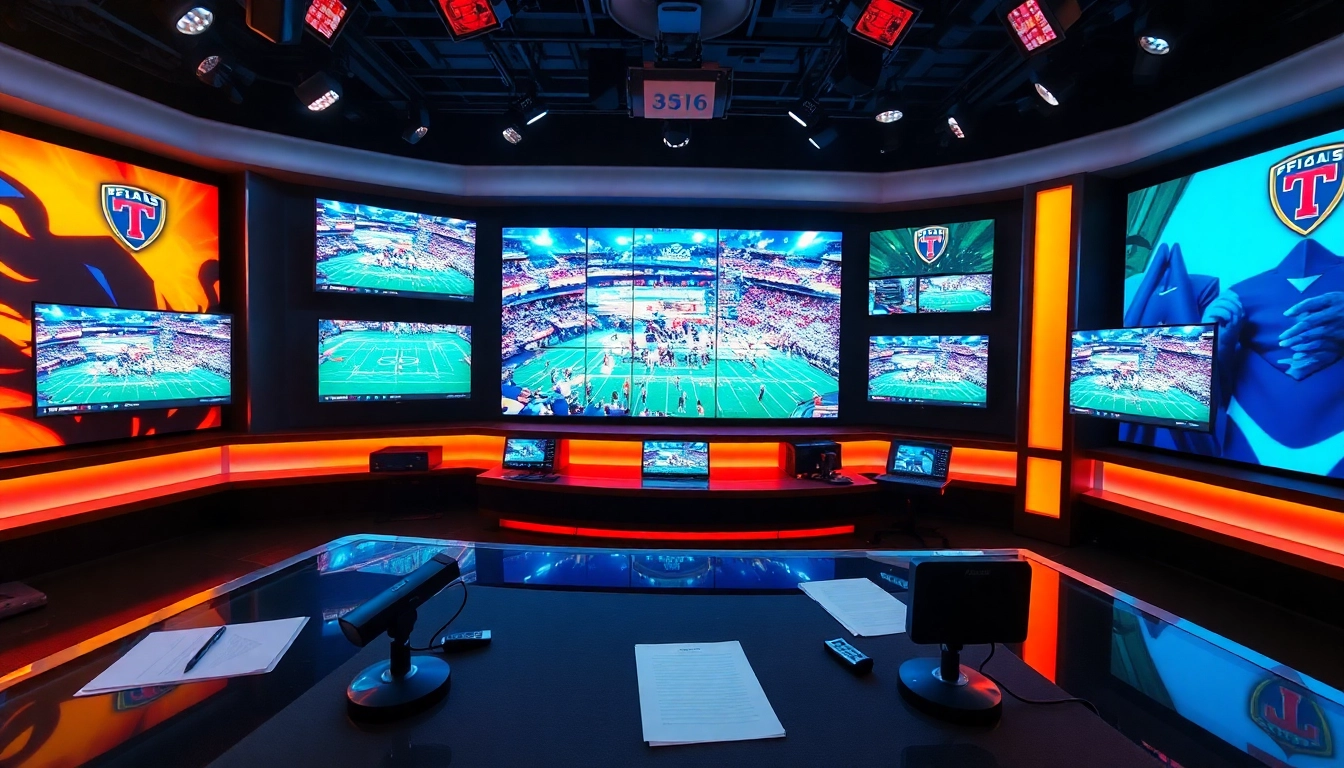 Engaging visual of Sports Broadcasting studio with dynamic graphics and anchors ready for live coverage.