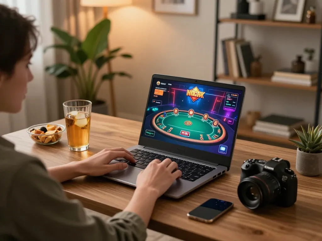 Player enjoying a thrilling online tx88 poker game on a laptop at home, surrounded by snacks and drinks