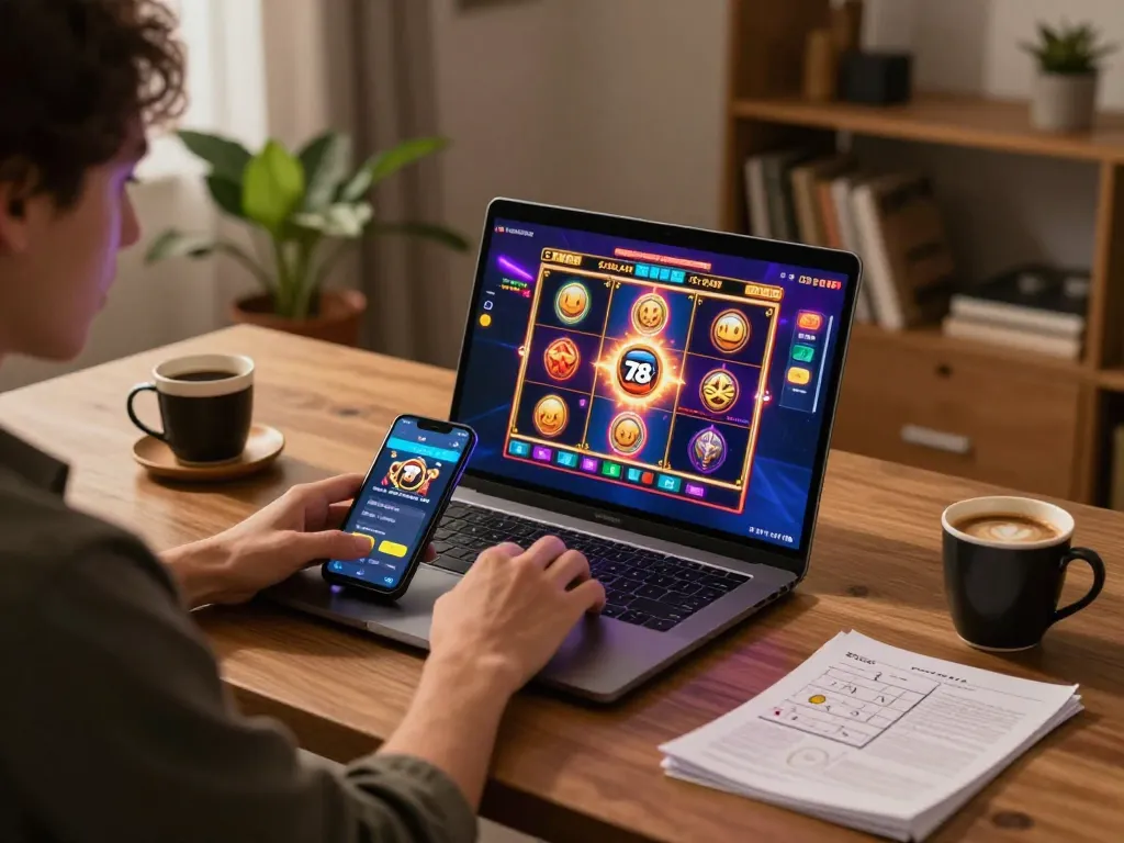 Player enjoying a thrilling game on the 78win online casino app while integrating strategy notes.