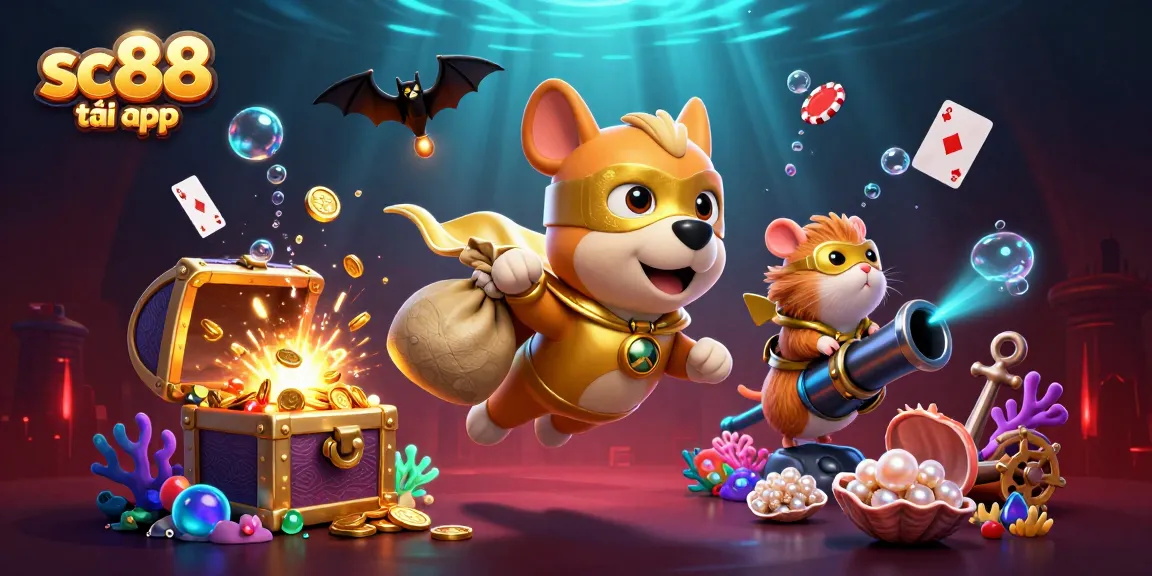 Experience the thrill of gaming with SC88 tải app, where a superhero dog flies above glittering treasures.