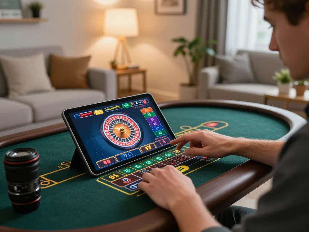 Engaging moment of sunwin player strategizing at home casino table with tablet in hand