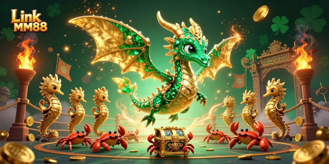Join the excitement at Link MM88 with a vibrant casino scene featuring a sea dragon and treasure.