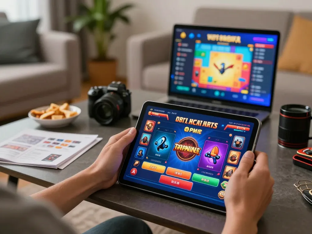 Engaged player at nhà cái 8xbet using a tablet for online casino gaming in a cozy setting.