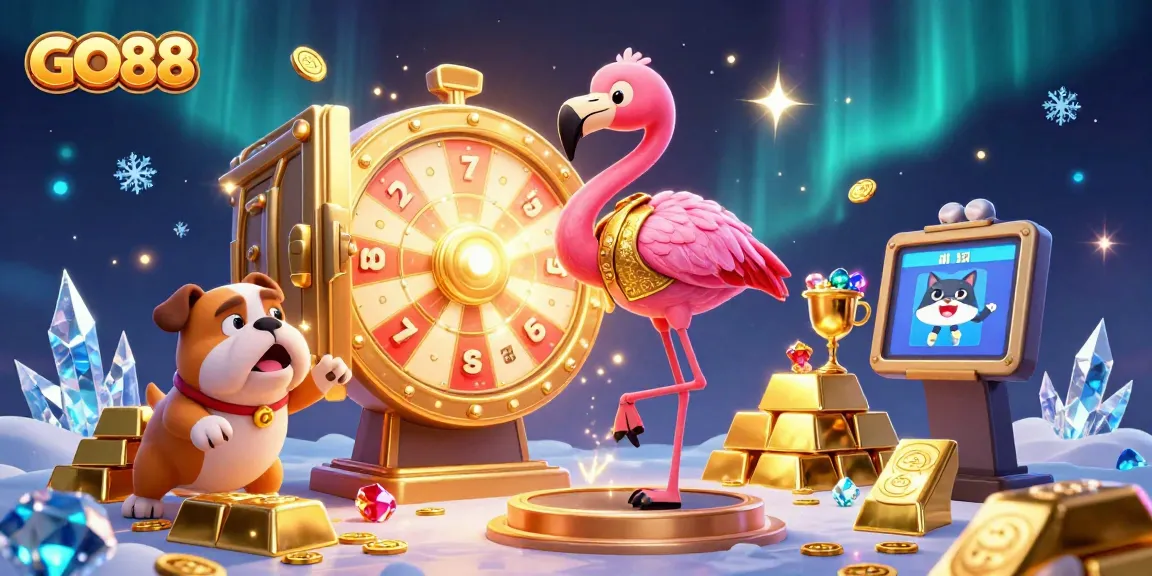 Spin the GO88 prize wheel as energetic characters showcase an exciting casino atmosphere with gold treasures and dynamic game elements.