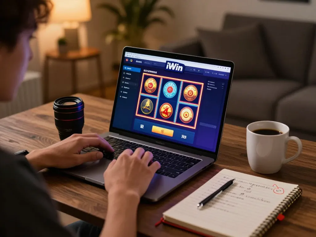 iWin gaming session on laptop with engaging slot machine interface in cozy home setup.