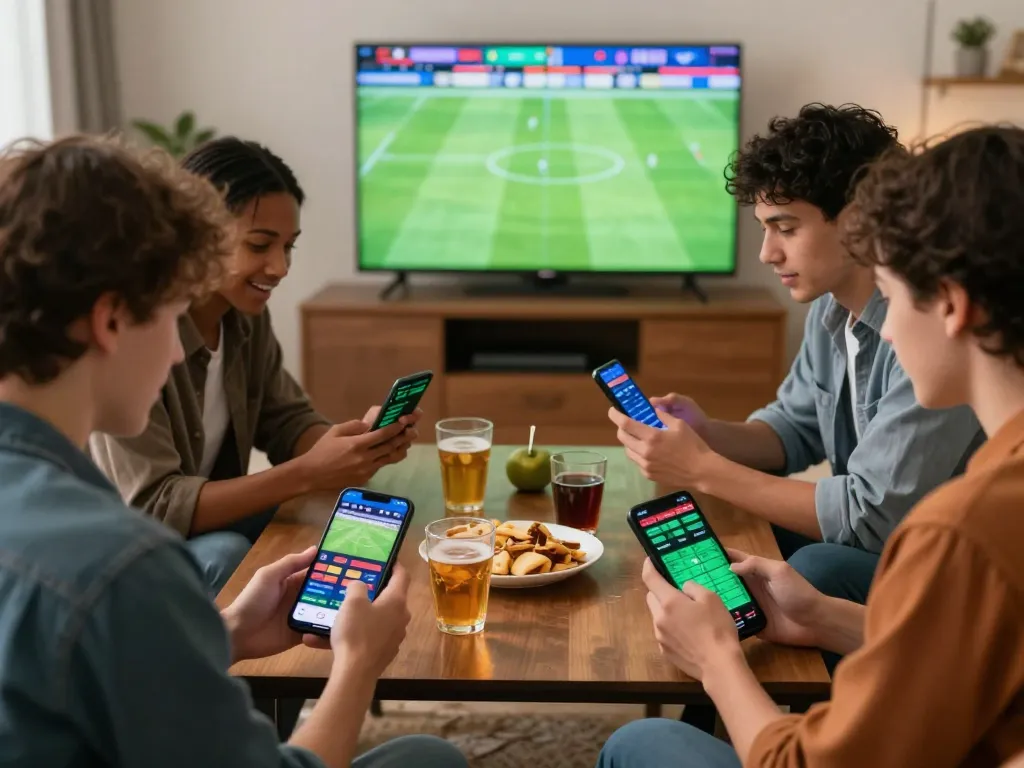 People enjoying online sports betting with devices, discussing strategies at https://keonhacai5.mobi/.