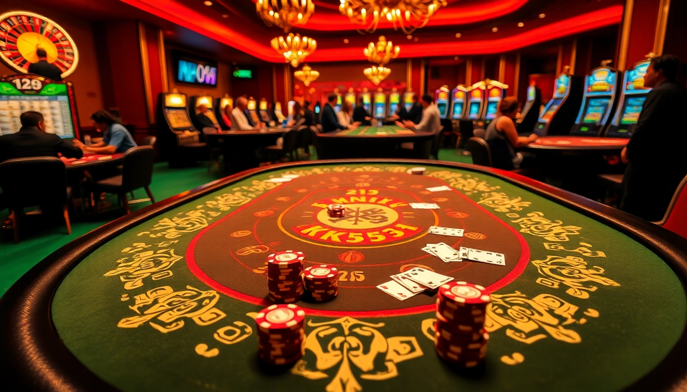 Exciting gambling scene at KK55 com casino featuring players around a roulette table.