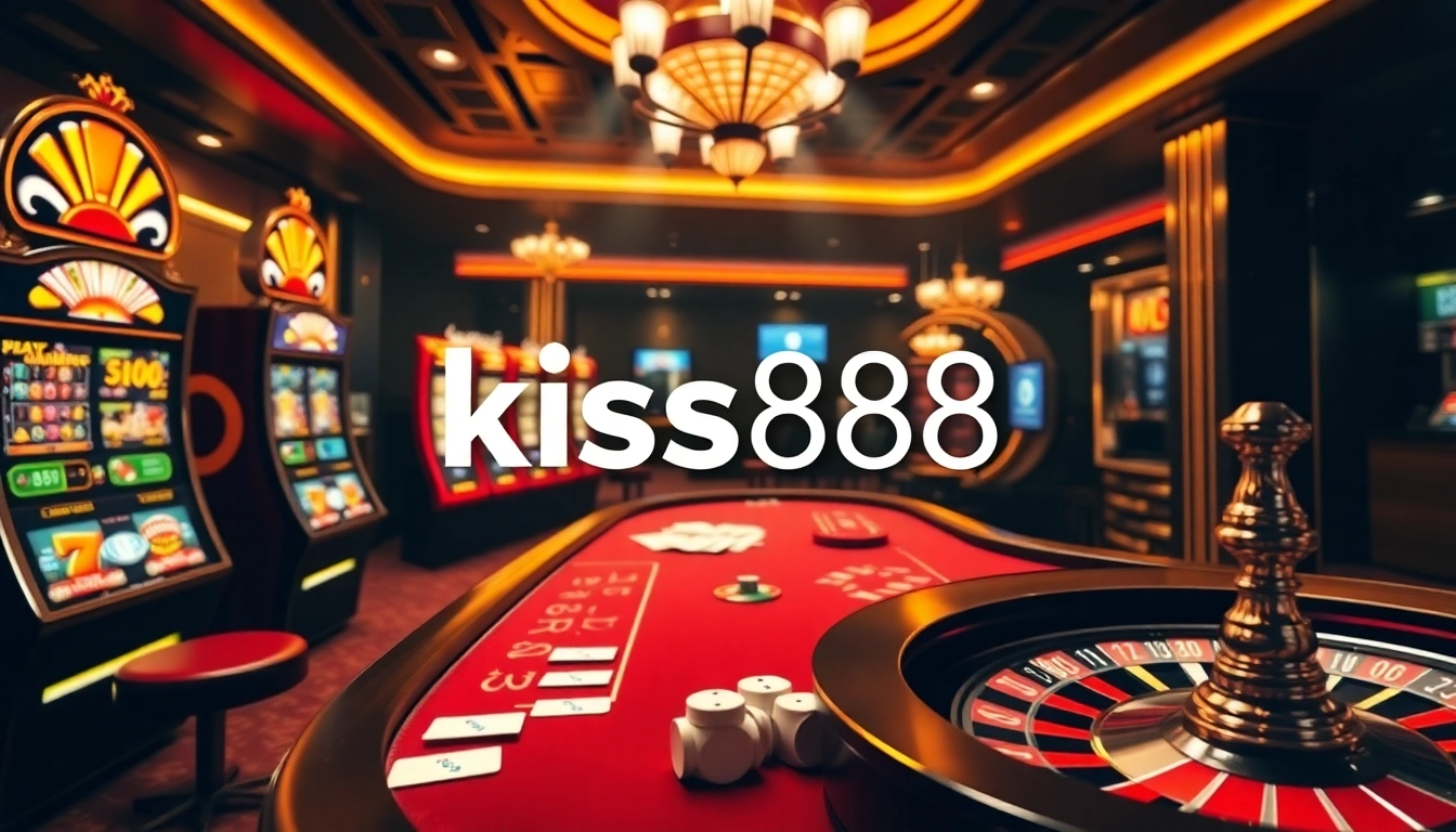 Kiss888 online casino scene with poker table, slot machines, and roulette wheel.