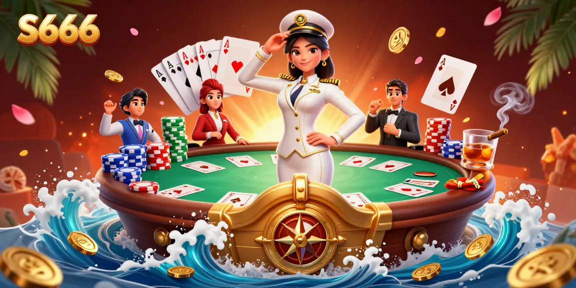 Engage with S666's vibrant casino adventure featuring a commanding officer surrounded by poker elements.