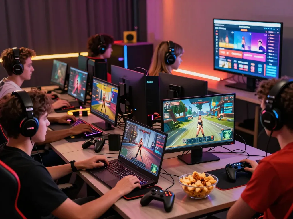 Gamers engaged in immersive porn games on laptops with vibrant LED lighting.