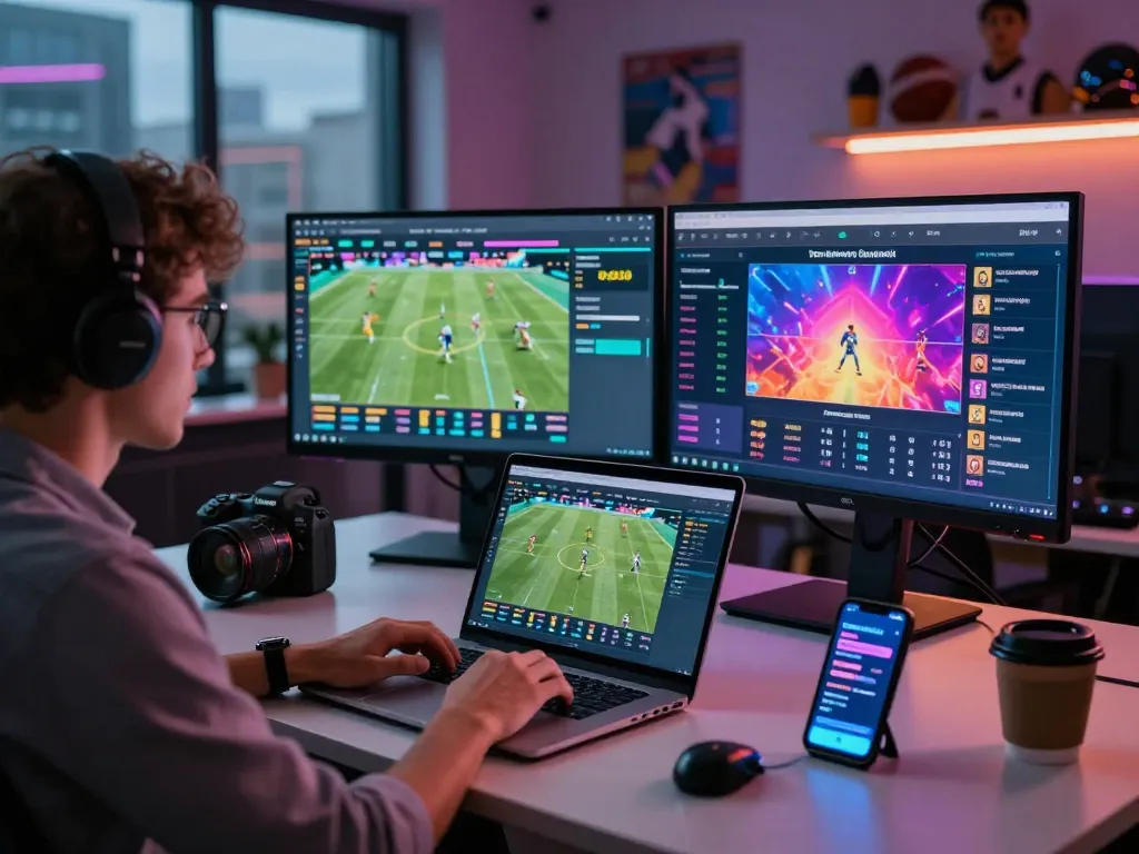 Enthusiastic bettor analyzing kèo nhà cái odds on multiple screens in a dynamic sportsbook.