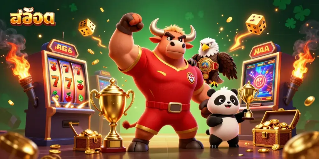 Experience the thrill of สล็อต with a vibrant 3D scene showcasing a victory celebration among casino mascots and rich jackpots.