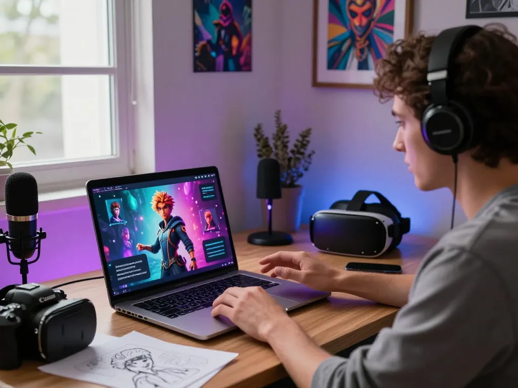 Interactive AI NSFW experience with a user chatting with a customizable character on a modern laptop in a vibrant workspace.