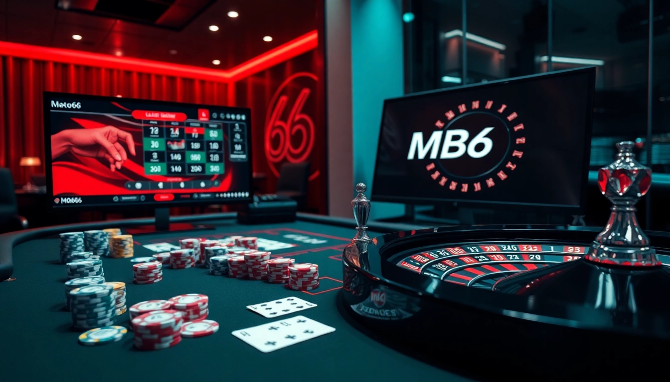 Experience the thrill at MB66 with a luxurious online poker scene featuring vibrant chips and cards being dealt.