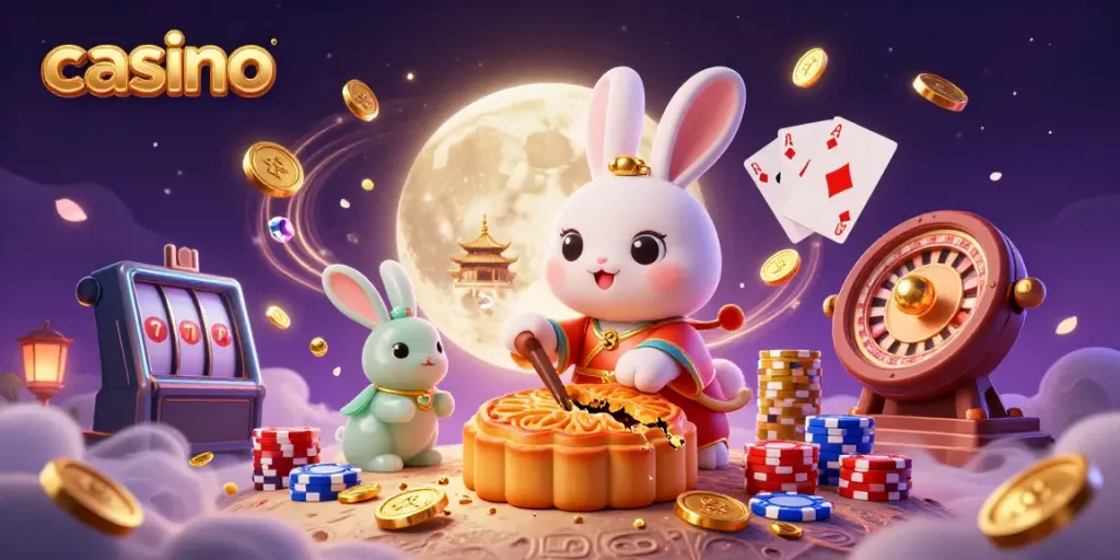 Experience the thrill of the casino with a vibrant moon rabbit scene, showcasing casino elements and fantasy art.