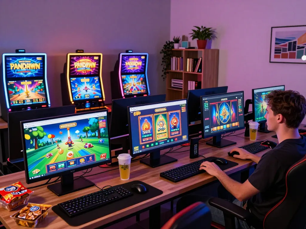 Pengalaman bermain PANDawin dengan mesin slot 3D HD yang cerah, menampilkan permainan yang antusias.