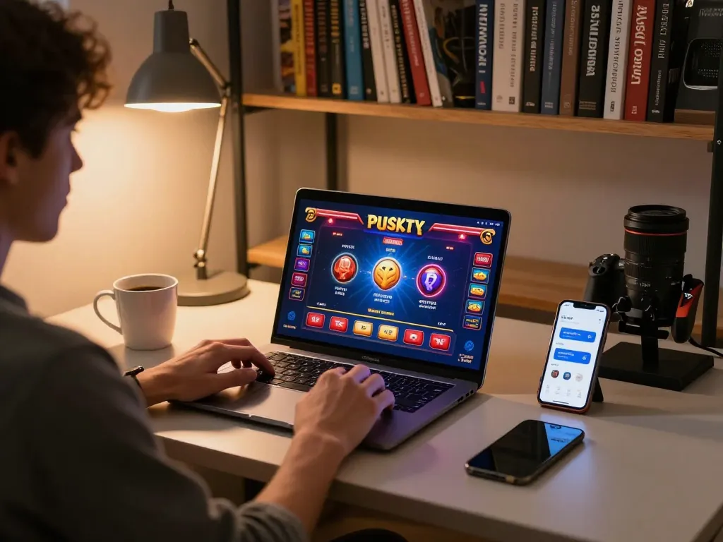 Engaging gameplay on jus77 app with vibrant graphics displayed on laptop, cozy home atmosphere.