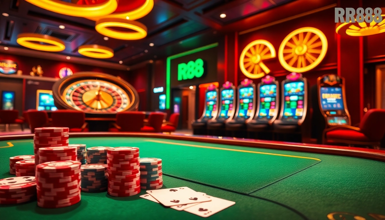 Engaging RR88 casino scene featuring glamorous gaming tables, poker chips, and a roulette wheel.