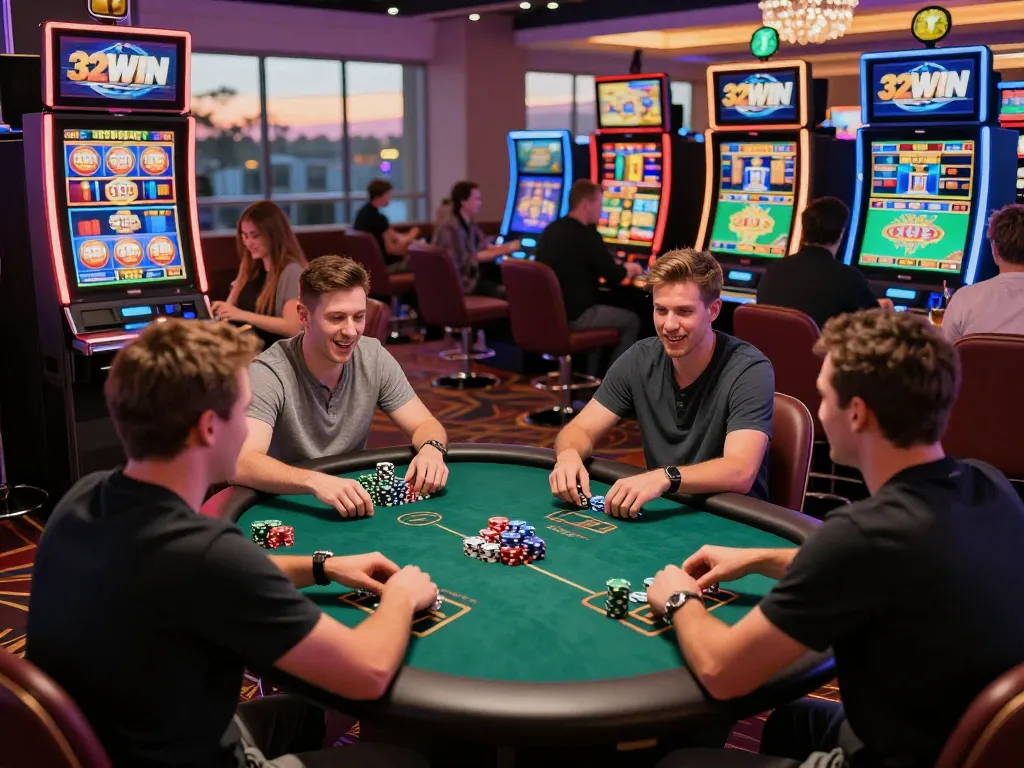 Engaged players at 32win casino enjoying poker and slot games.