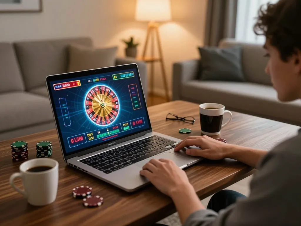 Engaged player uses bk8 for online gaming on a sleek laptop, roulette interface visible.