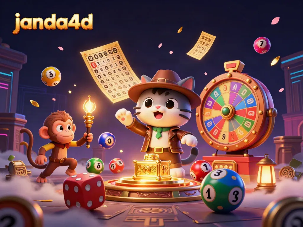 JANDA4D mempersembahkan eksplorasi kasino yang seru dengan kucing arkeolog 3D dan monyet, dikelilingi bola lotere berwarna-warni.