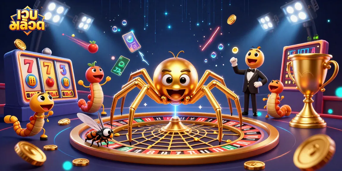 Engage in เว็บสล็อต excitement with a golden spider and centipede croupier in this vibrant casino scene.
