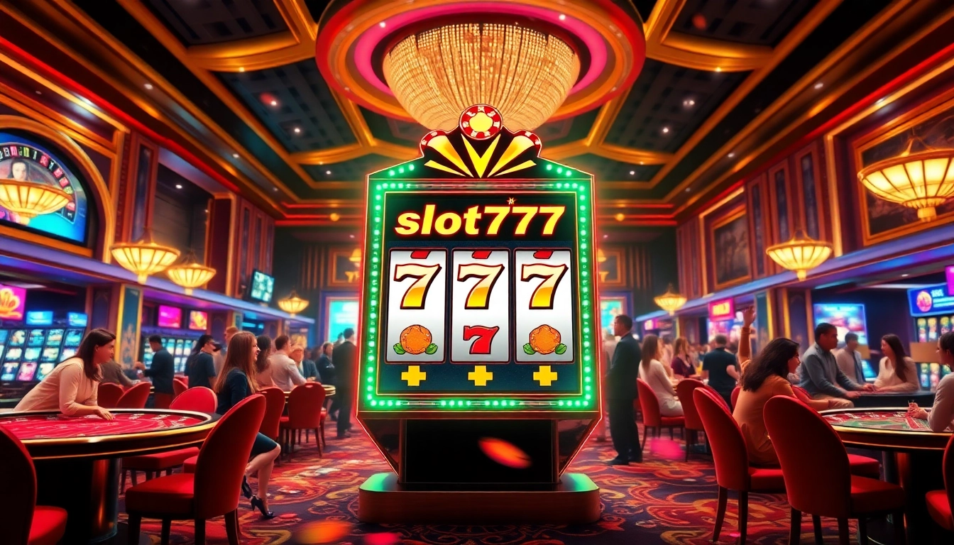 Pemain yang bersemangat berinteraksi dengan mesin slot777 dalam suasana kasino yang mewah.