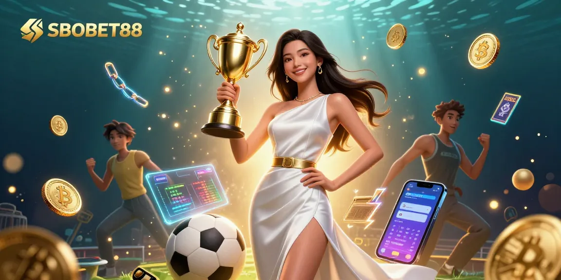 SBOBET88 sports betting illustration featuring a confident woman with a trophy and vibrant crypto elements.