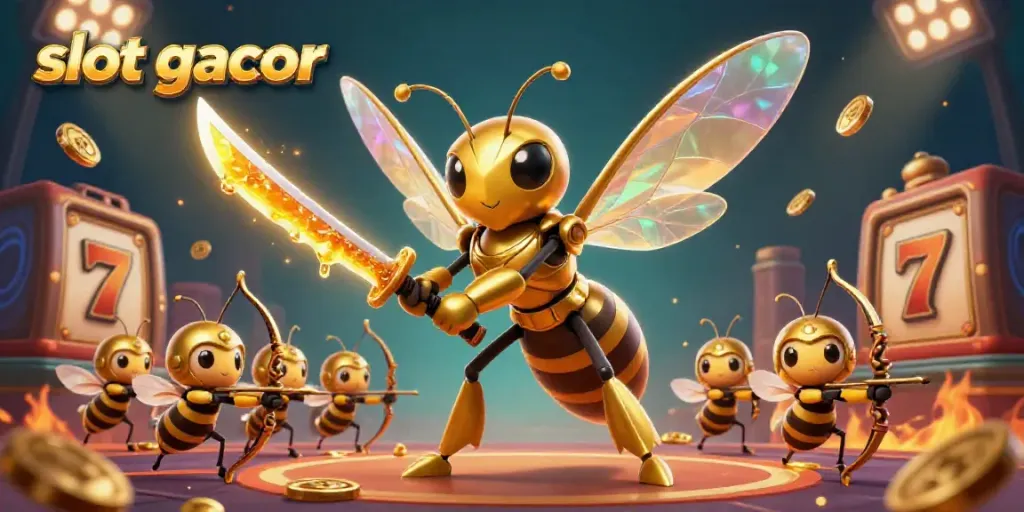 Engage with slot gacor excitement through a vibrant 3D casino scene featuring a golden hornet and dynamic elements.