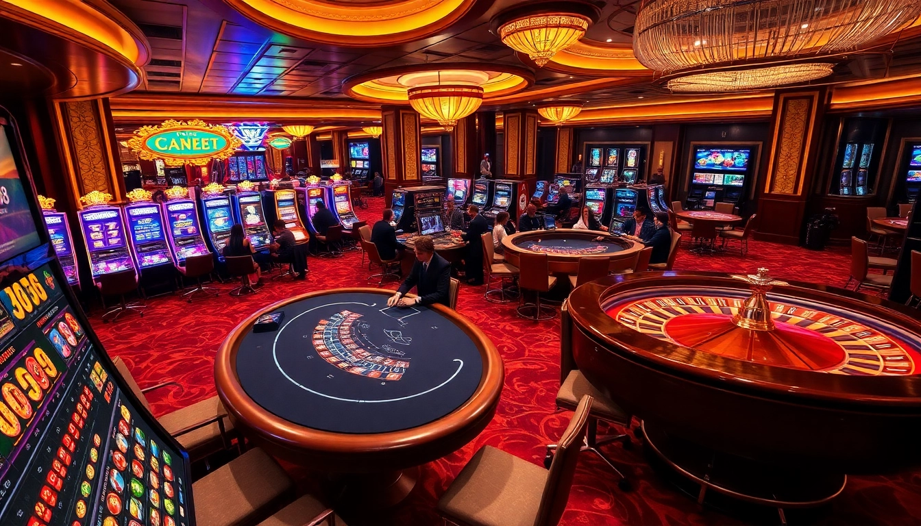 Players enjoying high-stakes games at sx88 casino, engaging with dealers and slot machines.