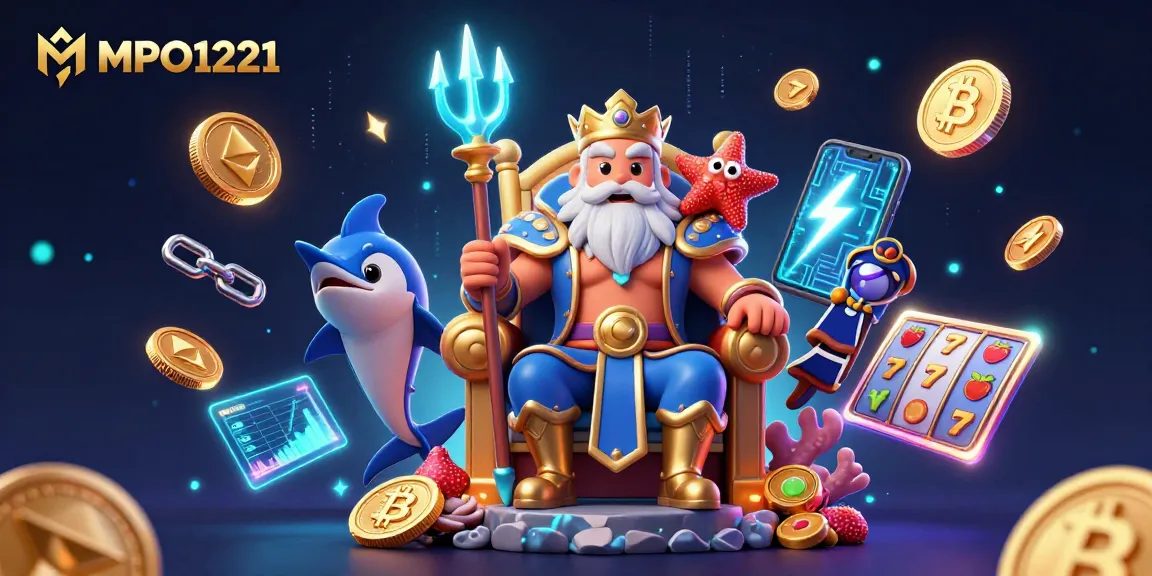 MPO1221 meningkatkan keseruan bermain dengan Neptune dan karakter yang menikmati permainan slot yang berwarna-warni serta elemen crypto.
