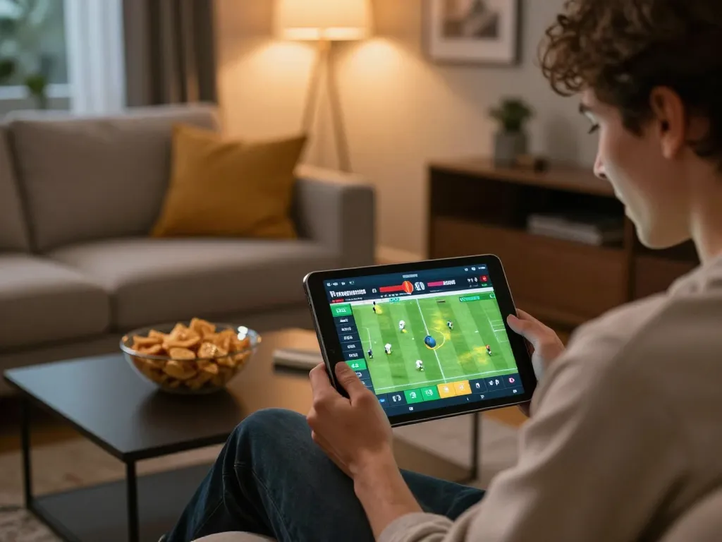 Betting on a football match using the xo88 app on tablet, showcasing live game excitement and player engagement