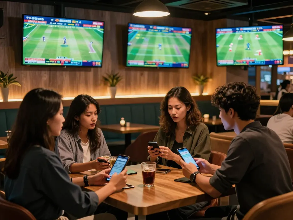Engaged bettors placing bets on their phones at https://crickex.fit/ cricket lounge with live match screens.