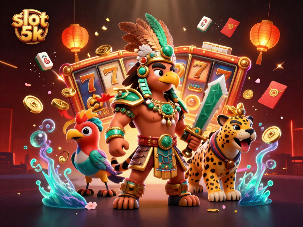 Spin slot 5k reels with vibrant Aztec warriors and festive elements adding dynamic excitement.