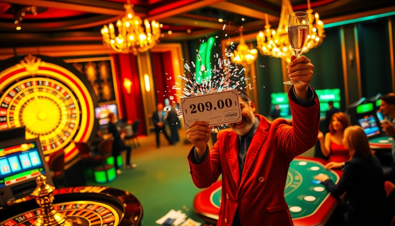 Celebrating an explosion of a prize-winning lottery amidst a vibrant casino atmosphere.