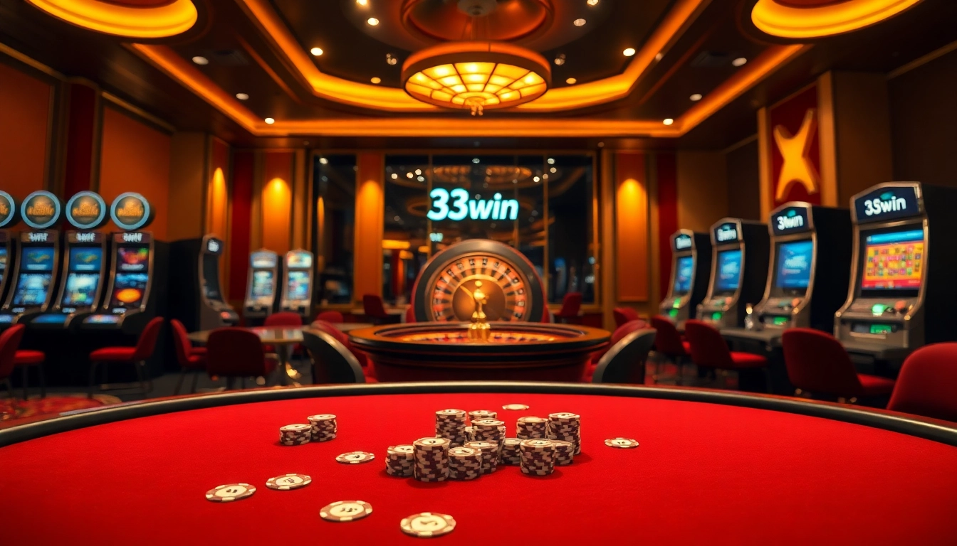 33win players experiencing an exciting Casino atmosphere with poker and roulette.