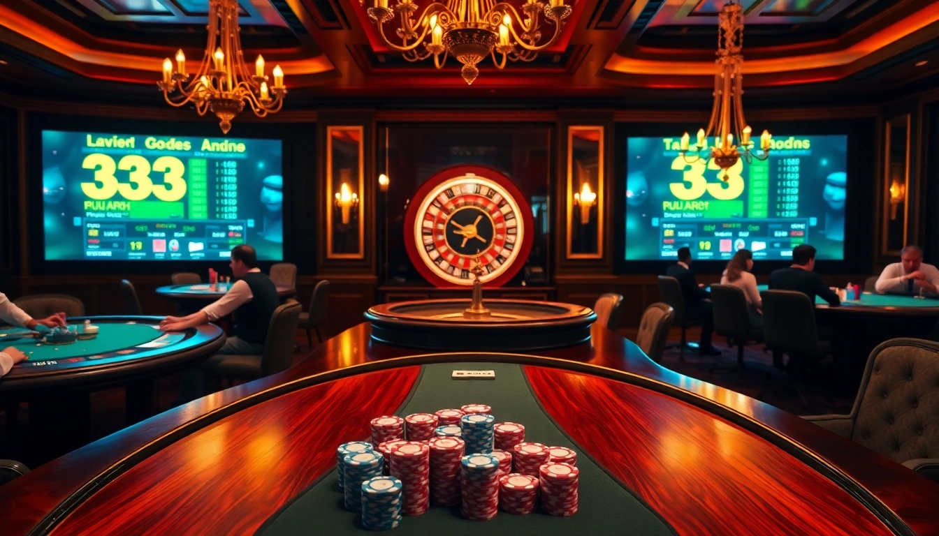 Exciting poker action at 33win casino with vibrant chips and illuminated tables.