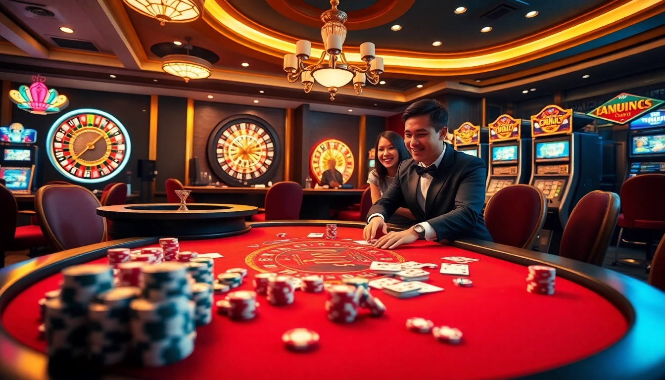 Players enjoying the thrilling RR88 casino experience at a vibrant gaming table.