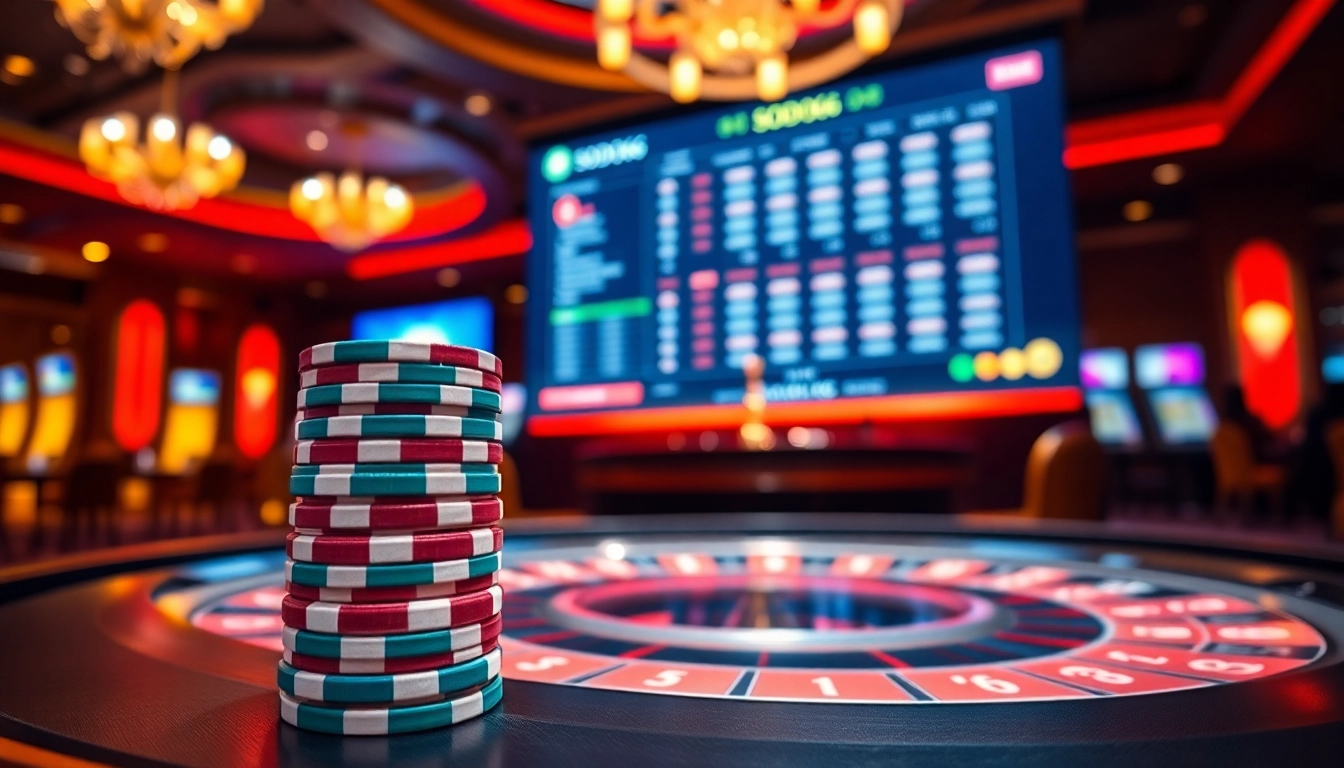 SODO66 branded poker chips stacked high at an elegant roulette table in a vibrant casino setting.