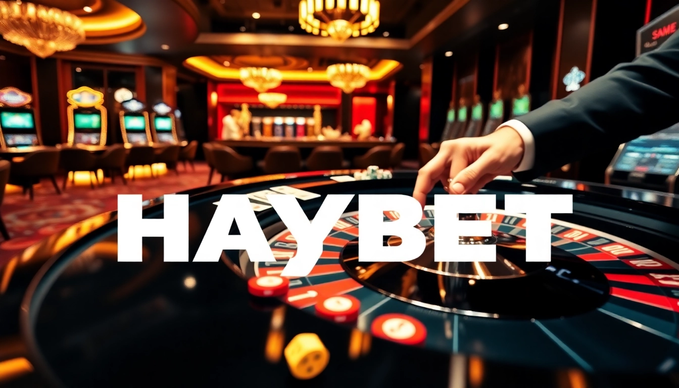 Action-packed gaming scene at HAYBET casino with roulette and glowing slot machines.