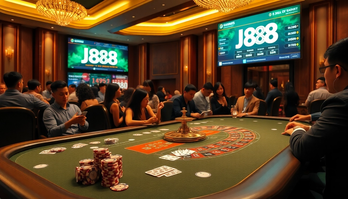 Experience the thrill of j88 gaming at an elegant casino table with vibrant chips and cards.