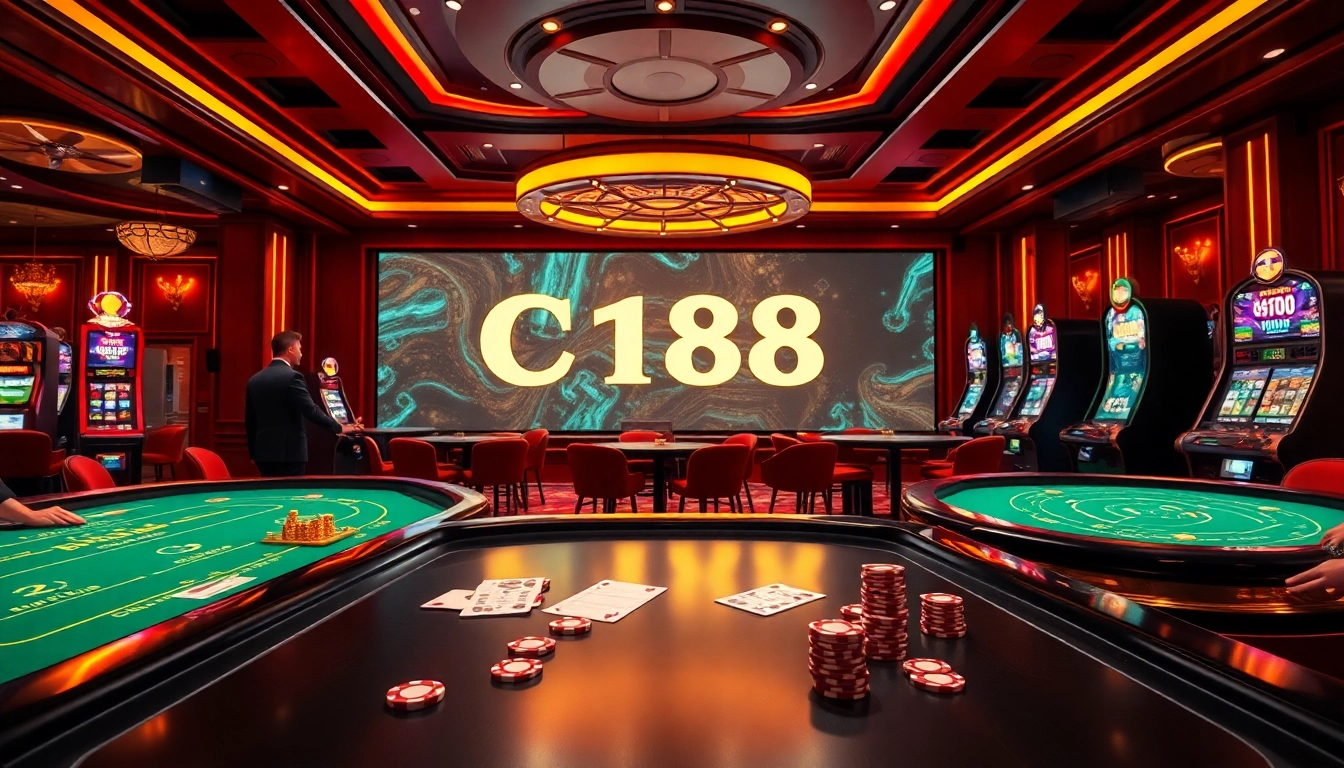 C168 players enjoying a premium casino experience with vibrant gaming tables and modern slot machines.