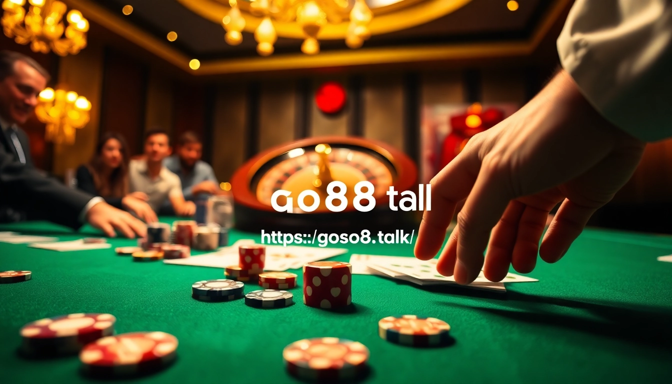 Engaging players at https://go88.talk/ table with vibrant casino atmosphere featuring poker chips and cards.